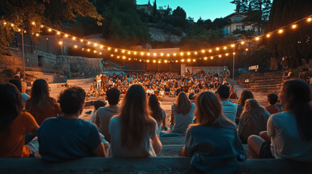 A group of friends sitting on the steps of an outdoor amphitheater, enjoying a concert under the stars.の素材