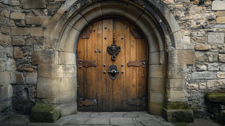 A beautiful wooden door with an ornate knocker, set in a stone archway, leading to an ancient castle courtyard.の素材