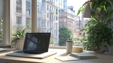 A modern office desk with a laptop, notebook, and a cup of coffee, positioned near a large window with natural light streaming in.の素材
