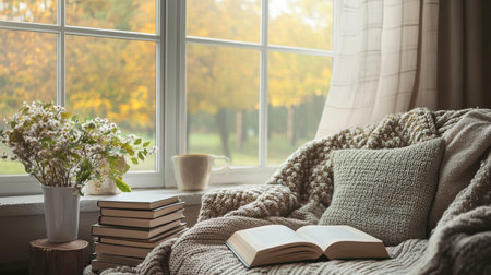 A cozy reading nook by a window, with a stack of books, a warm blanket, and soft natural light creating a perfect atmosphere for relaxation.の素材
