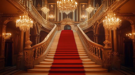 A grand staircase in an opulent mansion, with a red carpet running down the middle and crystal chandeliers hanging above.の素材