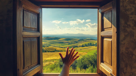 A hand reaching out to open a vintage wooden window, revealing a beautiful countryside view with rolling hills and a clear blue sky.の素材