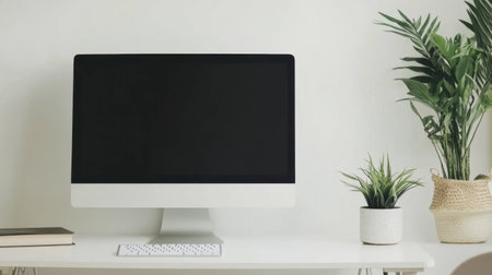 A minimalist desk with a computer monitor, a keyboard, and a potted plant, creating a clean, productive workspace.の素材