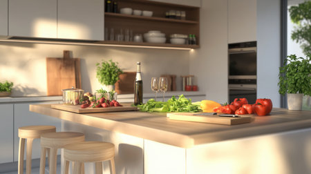 A modern kitchen island with bar stools, neatly arranged with fresh ingredients, a cutting board, and a glass of wine.の素材