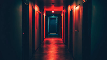 A mysterious, dimly lit hallway with multiple doors, each slightly ajar, creating a sense of intrigue and anticipation.の素材