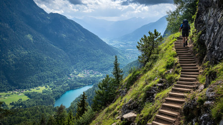 A hiker ascending a steep wooden staircase on a mountain trail, with a panoramic view of the valley below.の素材
