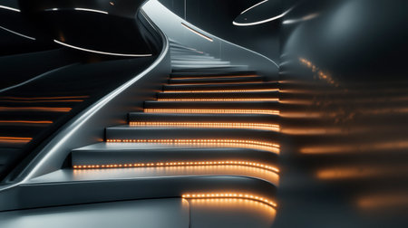 A futuristic staircase in a sleek, modern building, with LED lights embedded in the steps and smooth, curved railings.の素材