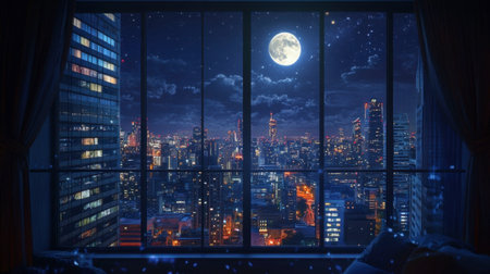 A night view of the city through a window, with lights twinkling in the distance and the moon shining brightly above.の素材