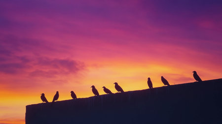 A group of birds perched on the edge of a roof at dawn, silhouetted against the colorful morning sky.の素材
