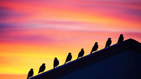 A group of birds perched on the edge of a roof at dawn, silhouetted against the colorful morning sky.の素材