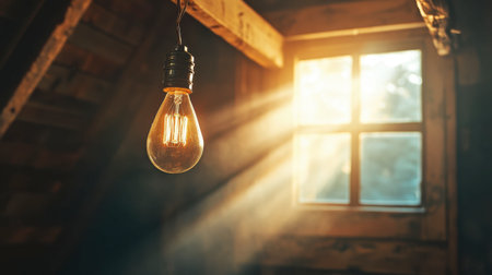 A light bulb hanging from a rustic wooden beam, with sunlight filtering through a nearby window, creating a cozy atmosphere.の素材