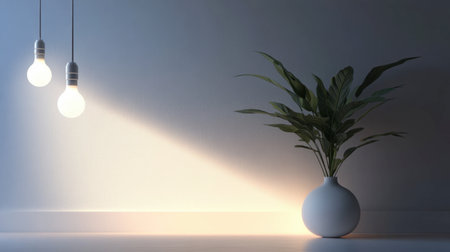 A modern LED light bulb in a minimalist setting, with clean lines and a soft, cool light illuminating a white wall.の素材