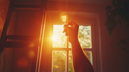 A hand reaching up to change a light bulb, with a ladder in the background and natural light streaming in from a nearby window.の素材