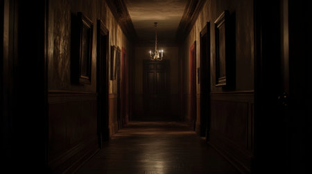 A mysterious, dimly lit hallway with multiple doors, each slightly ajar, creating a sense of intrigue and anticipation.の素材