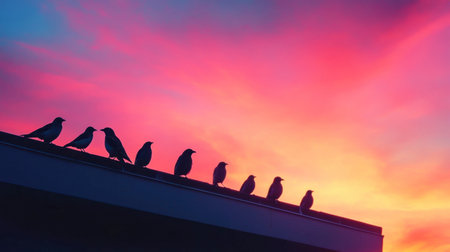 A group of birds perched on the edge of a roof at dawn, silhouetted against the colorful morning sky.の素材