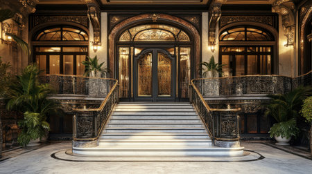 A grand, double-door entrance to a historic building, with ornate metalwork and a marble staircase leading inside.の素材