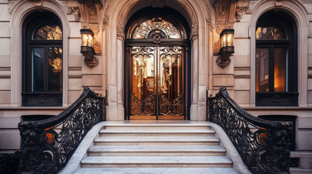 A grand, double-door entrance to a historic building, with ornate metalwork and a marble staircase leading inside.の素材
