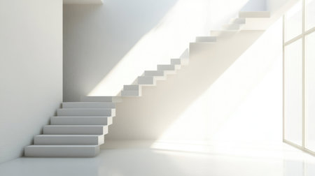 A minimalist staircase with floating steps and no railings, leading up to a bright, open loft space.の素材