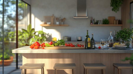 A modern kitchen island with bar stools, neatly arranged with fresh ingredients, a cutting board, and a glass of wine.の素材