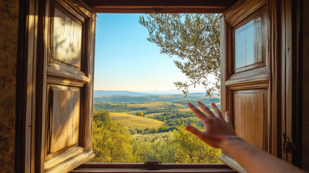 A hand reaching out to open a vintage wooden window, revealing a beautiful countryside view with rolling hills and a clear blue sky.の素材