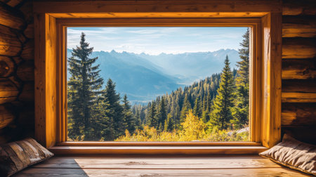 A rustic wooden cabin in the mountains, with a large window framing a panoramic view of the surrounding pine forest.の素材