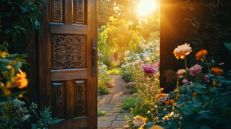 A rustic wooden door with intricate carvings, partially open, leading to a sunlit garden filled with blooming flowers.の素材