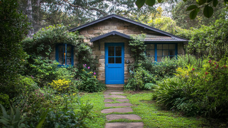 A quaint country cottage with a blue door, surrounded by lush greenery and a path leading up to it, inviting and charming.の素材