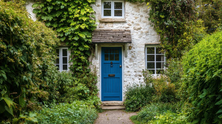A quaint country cottage with a blue door, surrounded by lush greenery and a path leading up to it, inviting and charming.の素材
