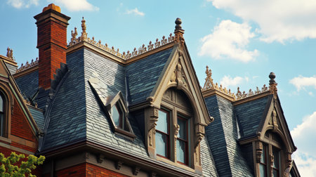 A roof with intricate architectural details, including ornate gables and dormer windows, of a historic building.の素材