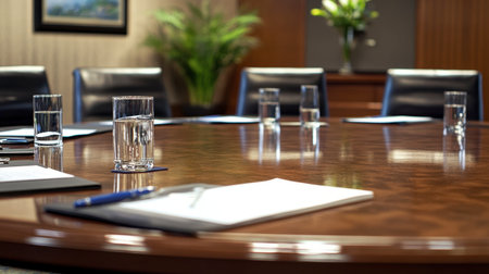 A round conference table in a corporate boardroom, with notebooks, pens, and glasses of water ready for a meeting.の素材
