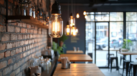 A row of light bulbs hanging from industrial-style fixtures in a trendy cafÃÂ©, casting warm light over wooden tables.の素材