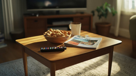 A small coffee table in a living room, topped with a remote control, a bowl of snacks, and a magazine, with a TV in the background.の素材