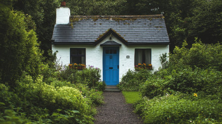 A quaint country cottage with a blue door, surrounded by lush greenery and a path leading up to it, inviting and charming.の素材