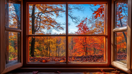 A scenic autumn landscape viewed through a window, with vibrant orange and red leaves contrasting against a clear blue sky.の素材