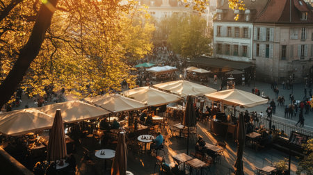 A rooftop cafÃÂ© with small tables and umbrellas, overlooking a bustling city square during the afternoon.の素材