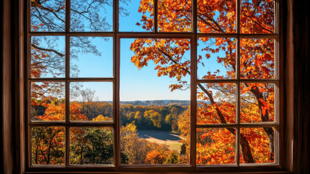A scenic autumn landscape viewed through a window, with vibrant orange and red leaves contrasting against a clear blue sky.の素材