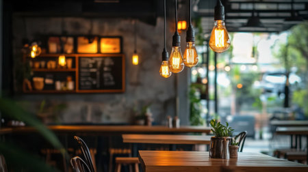 A row of light bulbs hanging from industrial-style fixtures in a trendy cafÃÂ©, casting warm light over wooden tables.の素材