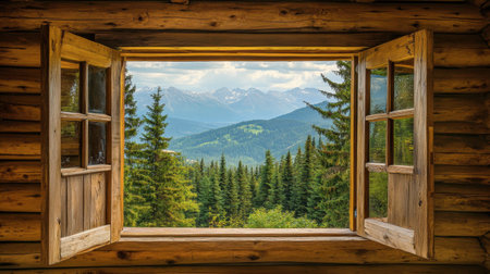 A rustic wooden cabin in the mountains, with a large window framing a panoramic view of the surrounding pine forest.の素材