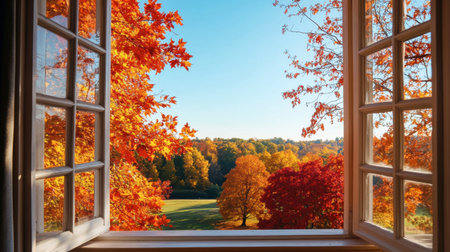 A scenic autumn landscape viewed through a window, with vibrant orange and red leaves contrasting against a clear blue sky.の素材