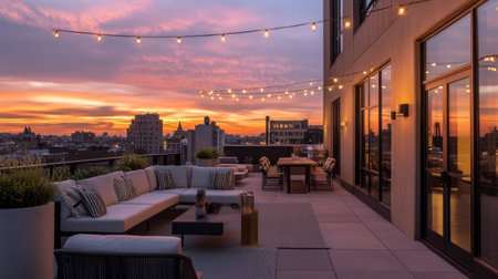 A rooftop terrace at sunset, with modern outdoor furniture, string lights, and a panoramic view of the city.の素材