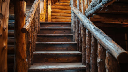 A rustic wooden staircase in a cabin, with worn steps and a railing made from tree branches, leading to the loft.の素材