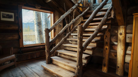 A rustic wooden staircase in a cabin, with worn steps and a railing made from tree branches, leading to the loft.の素材
