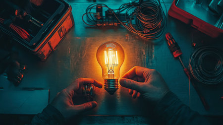 An overhead view of a light bulb being screwed into a socket, with a toolbox and wires visible in the background.の素材