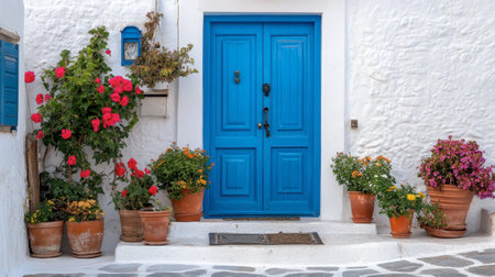 A vibrant blue door on a traditional Greek house, with white walls and colorful flowers in pots lining the steps.の素材