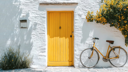 A vibrant yellow door on a whitewashed house, with a bicycle leaning against the wall, capturing a sunny, carefree day.の素材