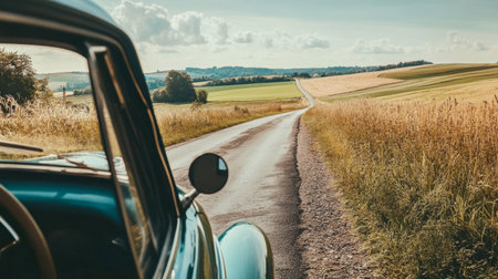 A vintage car parked by the side of a country road, viewed through an open window, with fields stretching out in the distance.の素材