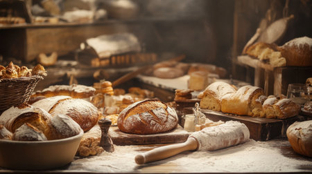 A table in a bakery, filled with freshly baked bread, pastries, and cakes, with a flour-dusted rolling pin in the background.の素材