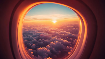 An aerial view through an airplane window, capturing the clouds and the horizon during a beautiful sunrise flight.の素材