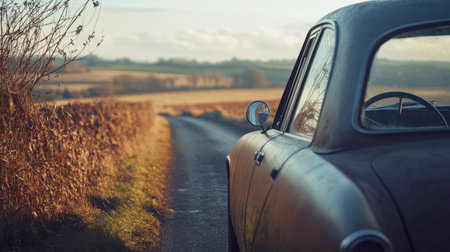 A vintage car parked by the side of a country road, viewed through an open window, with fields stretching out in the distance.の素材