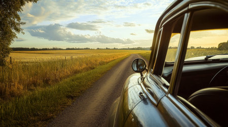 A vintage car parked by the side of a country road, viewed through an open window, with fields stretching out in the distance.の素材
